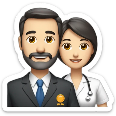 husband classic middle aged executive dark hair thin beard wearing business suit holding bible, with wife asian age 55 dark hair wearing nurse uniform sticker