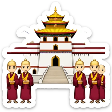Lhasa Jokhang Temple Tibet with pilgrims, simplified emoji style with bold outlines and bright colors, cartoon style golden roof temple sticker