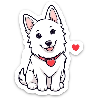white Swiss Shepherd dog with a Glitter collar . over the Dog ist a heart sticker