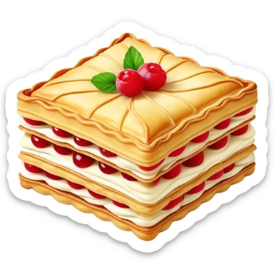 mille-feuille-cinematic-realistic-mille-feuille-dessert-emoji,-depicted-as-a-rectangular delicate-pastry-composed-of-two-crisp-layers-of-puff-pastry-with-a-rich-cream-filling,-rendered-with-intricate-textures-and-elegant,-soft-lighting. Please only show two layers only. sticker