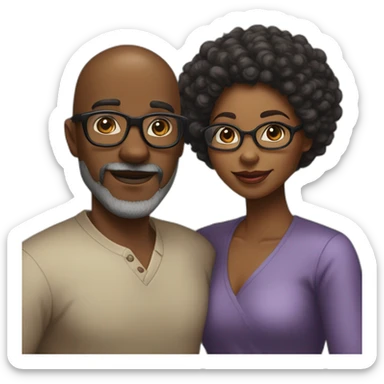ebony couple; subject 1 is bald wearing thick framed glasses and a low cut well manicured grey beard, subject 2 is a pretty ebony woman with almond eyes and a afro, the couple is hugging sticker