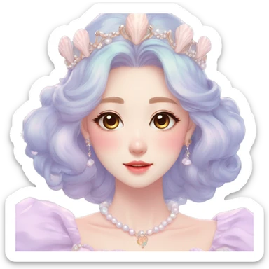 Gorgeous pastel anime style lady with blushing face and seashells tiara pearls dress necklace cottagecore fairycore pastelcore colorful pearly romantic simplistic aesthetic trending style sticker