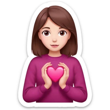 A girl with brown hair smiles, gray eyes, wearing a burgundy sweater, holding a pink heart in her hands sticker