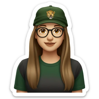Slavic girl, light skin, smiling with teeth, round brown eyes, leopard frame glasses, long brown straight hair, black T-shirt, dark green cap, badge ribbon. sticker
