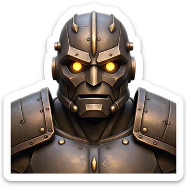 Cinematic Noble Mighty Iron Golem Portrait Emoji Poised and imposing, with a towering, metallic form forged from intricately detailed plates of burnished steel and ancient bronze, etched with faint traces of runes and weathered marks of time. Its piercing, glowing eyes radiate unwavering resolve, casting a solemn and commanding presence; rendered with lifelike texture and natural metallic highlights, high shine, elegant yet indomitable, styled with an aura of legendary endurance, focused and resolute, soft glowing outline, capturing the essence of an eternal guardian, standing vigilant and immovable as if ready to awaken at any moment with unstoppable might! sticker
