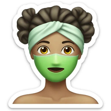 A girl having a spa day with a robe and a towel on her head with a green face mask sticker