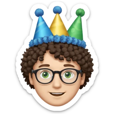 A white guy with curly brown hair and green eyes with a happy face, and wear square black glasses.He’s also got a full silver birthday party hat on his head with blue pom poms on top of it, and his T-shirt is all black, he wears a little gold circle earrings on his left  sticker