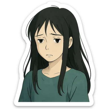 pale girl with long black hair, sad expression, in ghibli style sticker
