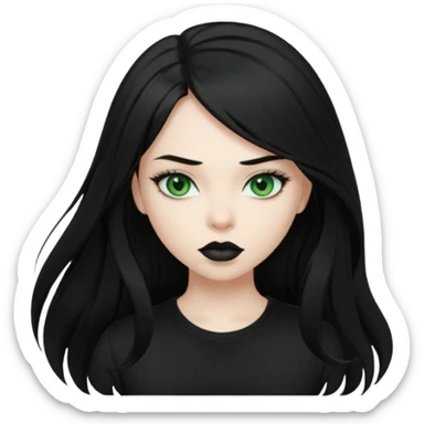 Black haired girl, green eyes, black lipstick, white skin, black t shirt, sharp face, long hair sticker