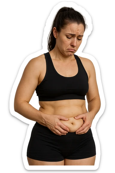 DONNA FITNESS CON GRASSO SULLA PANCIA, SI TOCCA LA PANCIA CON ESPRESSIONE TRISTE IN VOLTO, IPERREALISTICA 4K sticker