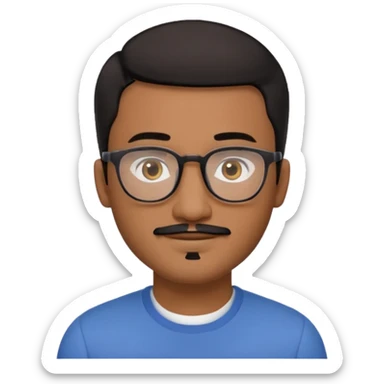 A friendly person with medium-brown skin, large warm brown eyes, thin rectangular glasses, a short mustache and small goatee, black hair. Rounded face, calm slight smile. Head-and-shoulders emoji style, bold outlines, simple shapes, bright colors, transparent background. sticker