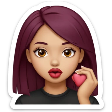 Brown light skin girl straight black/marroon hair biting her lips and blushing sticker