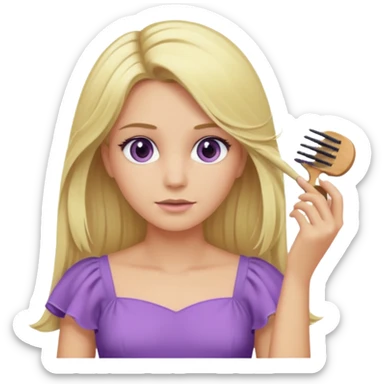blonde woman with swamp-colored eyes, wearing a soft purple dress, combing her hair, iOS emoji style sticker