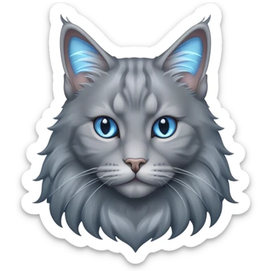 Cinematic Solid Grey Maine Coon Cat Portrait Emoji, Elegant and alert, sleek grey and silver tones with soft undercurrents of blue, Simplified yet sharp features, highly detailed, glowing with a calm, wise glow, high shine, intelligent and poised with a long, wise face that speaks of experience, stylized with an air of grace, focused and attentive, soft glowing outline, capturing the essence of strength and wisdom, so lifelike it feels as though it could spring into motion at any moment, exuding a sense of majestic age and quiet dignity. sticker