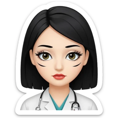 Medical student, black hair, black eyes, false eyelashes, makeup, eyeliner,  sticker