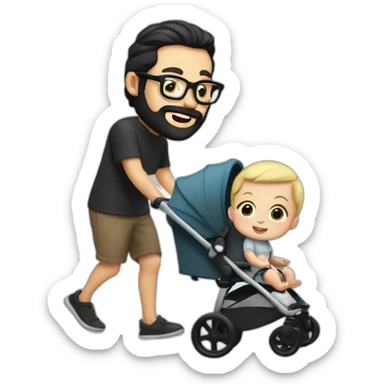 White man with Black hair,  beard and glasses pushing buggy with blonde baby sticker