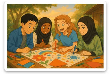 Four students in Ghibli style, working on a poster or artistic project, using markers and colored papers, creative and joyful atmosphere. sticker