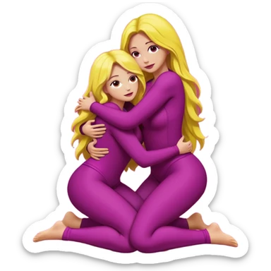One figure is dark magenta and is kneeling.
	•	The other figure is yellow with long hair and is being held, with their arms around the magenta figure’s neck.
	•	The yellow figure’s legs wrap around the magenta figure’s waist, suggesting a close, intimate embrace. sticker