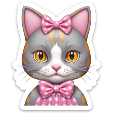 Evil Gray and white evil cat with a pink polka dot dress and with a pink polka dot bow sticker