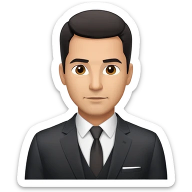 Handsome athletic Hispanic man in his late 40s with tan complexion, short black straight hair combed back with faded sides, square masculine face with defined jawline, neutral-friendly TV presenter expression, black suit jacket worn open with white button-up shirt visible sticker