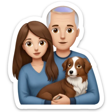 Man with shaved head holding woman with very long brown hair and one Aussie dog sticker