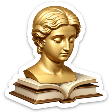 An icon featuring a classical bust, a book of philosophy, symbolizing the study of philosophy. The design includes an abstract symbol of thought and reasoning, representing deep intellectual inquiry and exploration of ideas. Transparent background sticker