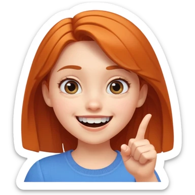 Transform this selfie of a smiling girl pointing at her teeth into a Pixar-style animated character, with large expressive eyes, soft lighting, and a cheerful atmosphere sticker