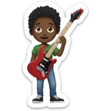  boy holding the red electric guitar. have green eyes and short curly hair.   nike jordan Travis Scott shoes.  blue jeans The boy is not white however not so dark.  Sightly tanned  sticker