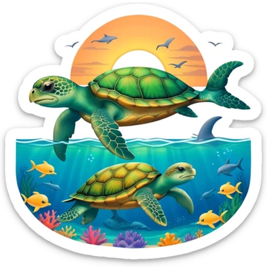 Turtle in the ocean with the back ground a sunset and dolphins sticker