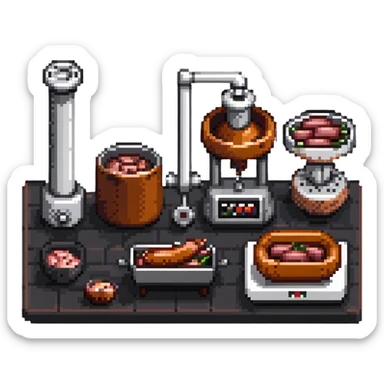 sausage factory with meat grinders and production sticker