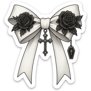 Edit the image to depict a white gothic bow with layered ribbons, a cross pendant, and additional gothic elements such as black rose accents and a tiny coffin charm. The style should be general to allow flexible editing. Remove the background. sticker