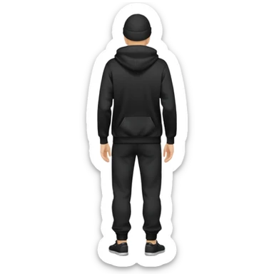 fullbody caucasian man in black hoodie on head, hands in his pockets and black pants rear backview sticker