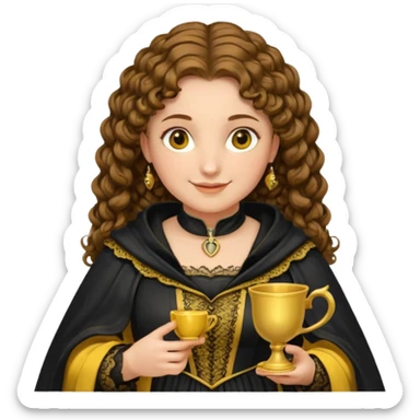 Helga Hufflepuff, brown-haired, 2 curly thick brown braids, yellow-black medieval dress, black cloak decorated with gold lace, tiny two-handled shiny yellow-gold cup, very kind smile, curvy busty sweet woman, thick rosy cheeks sticker