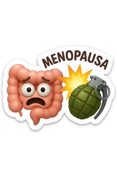 EMOJI STILE IPHONE 3D DI INTESTINO 3D CON ESPRESSIONE SPAVENTATA IN VOLTO MENTRE ACCANTO A LUI SCOPPIA UNA GRANATA 3D CON LA SCRITTA "MENOPAUSA" SOPRA, FAGLI ANCHE LA PARTE BIANCA DEGLI OCCHI, NON SOLO LA PUPILLA sticker