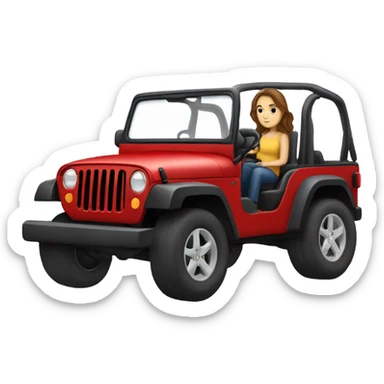 White girl with brown hair driving a red jeep sticker