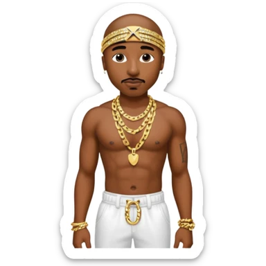 Tupac with white sequin baggy pants, shirtless with necklace sticker