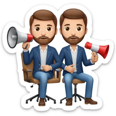 film director emoji with a modern megaphone and director's chair, brown hair and short beard, jeans and a undershirt with blazer top.  sticker