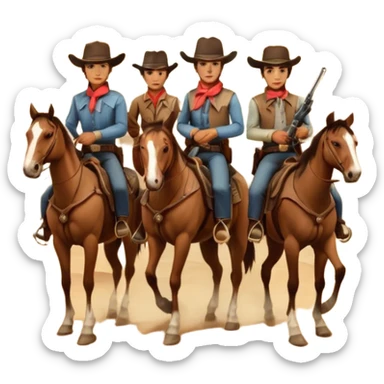 Icon for Western: A vintage movie poster-style design with cowboys on horseback, dusty desert landscape, and a setting sun. Include cowboy hats, revolvers, and an old saloon. The design should have bold typography and a retro cinematic feel. Transparent background. sticker