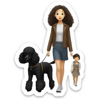 3 legs One Small unshaved Black Poodle with brown harness is walking with Korean girl sticker