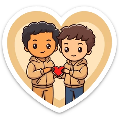A couple with dark brown hair and mixed skin tone inside a white heart, both wearing beige clothes sticker