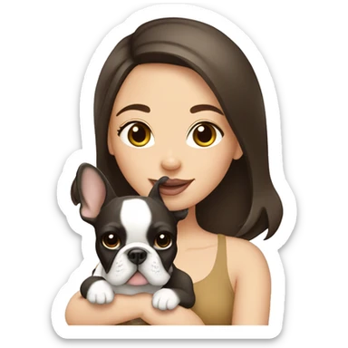 brunette girl holding cream colored french bulldog  sticker
