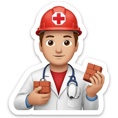 Brick mason wearing a hard hat but in a doctors gown emoji holding a red brick says brick doctor on his hardhat sticker