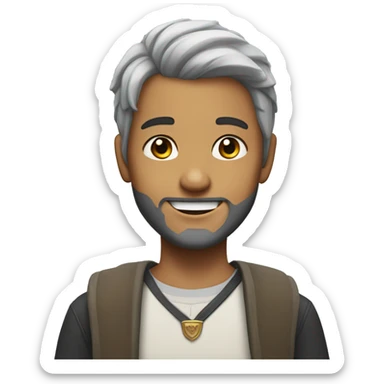 smiling boy with beard grey patch of hair on the temples and a crown sticker