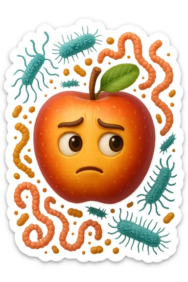 EMOJI STILE IPHONE DI una mela con espressione dubbiosa che intorno ha dei batteri intestinali, IPERREALISTICO 4K sticker