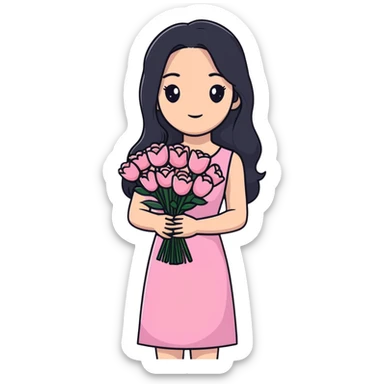 beautiful young woman with long black hair, fair skin, wearing pink dress and holding a bouquet of flowers sticker