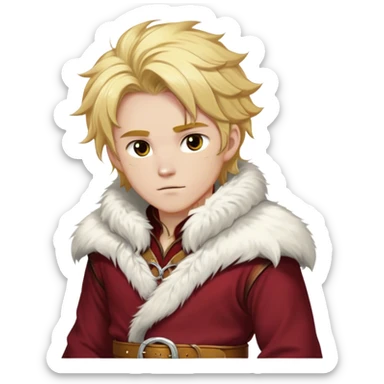 Medieval winter outfit worn by a DnD themed fantasy male character. Thick crimson wool tunic with white fox fur trim, featuring carved ivory toggles and a wide leather belt with bronze buckle. Clothes only above the waist, full waist coverage. The character has no arms. Character is white-skinned with honey gold hair, storm-cloud gray eyes, and medium-length tousled hair with icy highlights. sticker