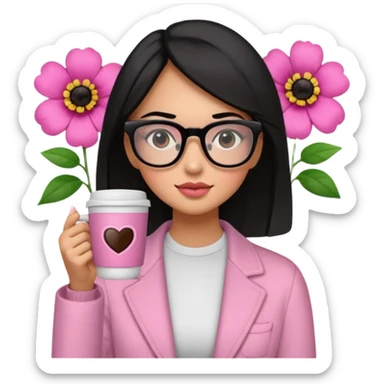 Chica de pelo negro ojos negros y piel morena con lentes oversize square con ropa bonita m pantallas pequenas de cristal , en la mano derecha una taza de cafe en color rosa con una flor negra de diseno. Sentada mirando la television. sticker