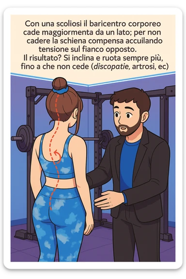 fai questa immagine in versione manga/webtoon a colori con stile di disegno carino e moderno, il manga mostra la donna di spalle, mentre l'uomo le tocca la spina dorsale per spiegarle come funziona la scoliosi:
Con una scoliosi il baricentro corporeo cade maggiormente da un lato; per non cadere la schiena compensa accumulando tensione sul fianco opposto.
Il risultato? Si inclina e ruota sempre più, fino a che non cede (discopatie, artrosi, ecc) sticker