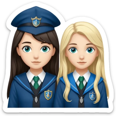 a pretty ravenclaw girl with long dark brown hair and blue eyes standing with a pretty Slytherin girl with long blonde hair, blue eyes sticker