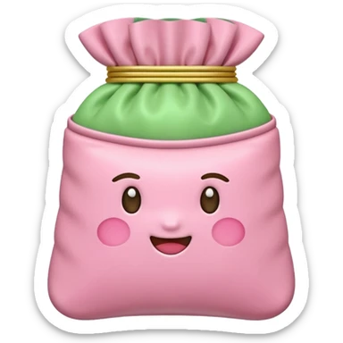 A Korean fortune pouch (bokjumeoni) in iPhone emoji style, pastel pink and light green colors, soft 3D glossy texture, centered, no outlines, transparent background. sticker